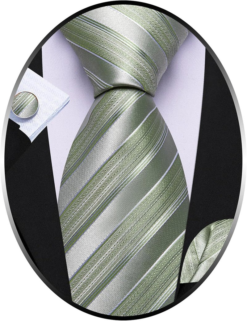 Barry.Wang Store Tie Sets for Men Silk Stripe Necktie Woven Checkered Handkerchief Cufflinks Formal Business Wedding - Image 1